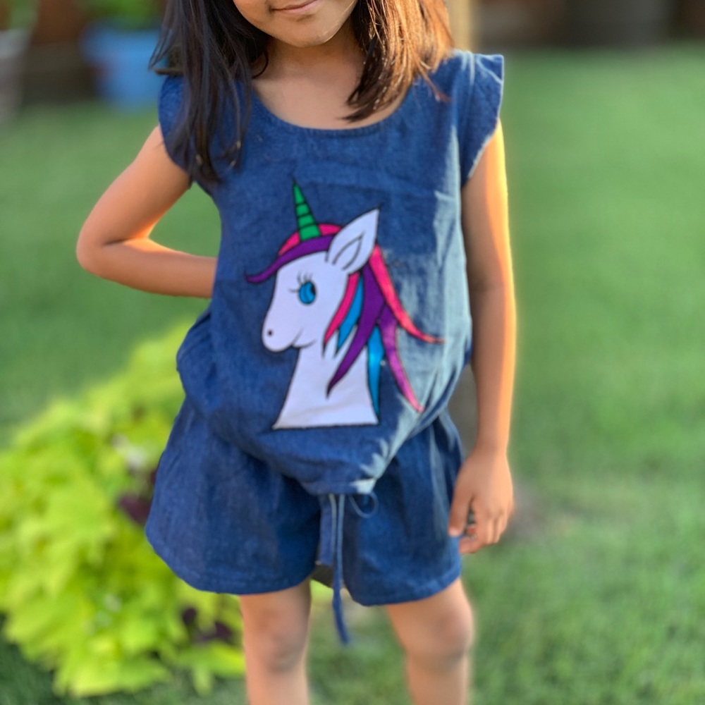 Jeans romper with unicorn patchwork